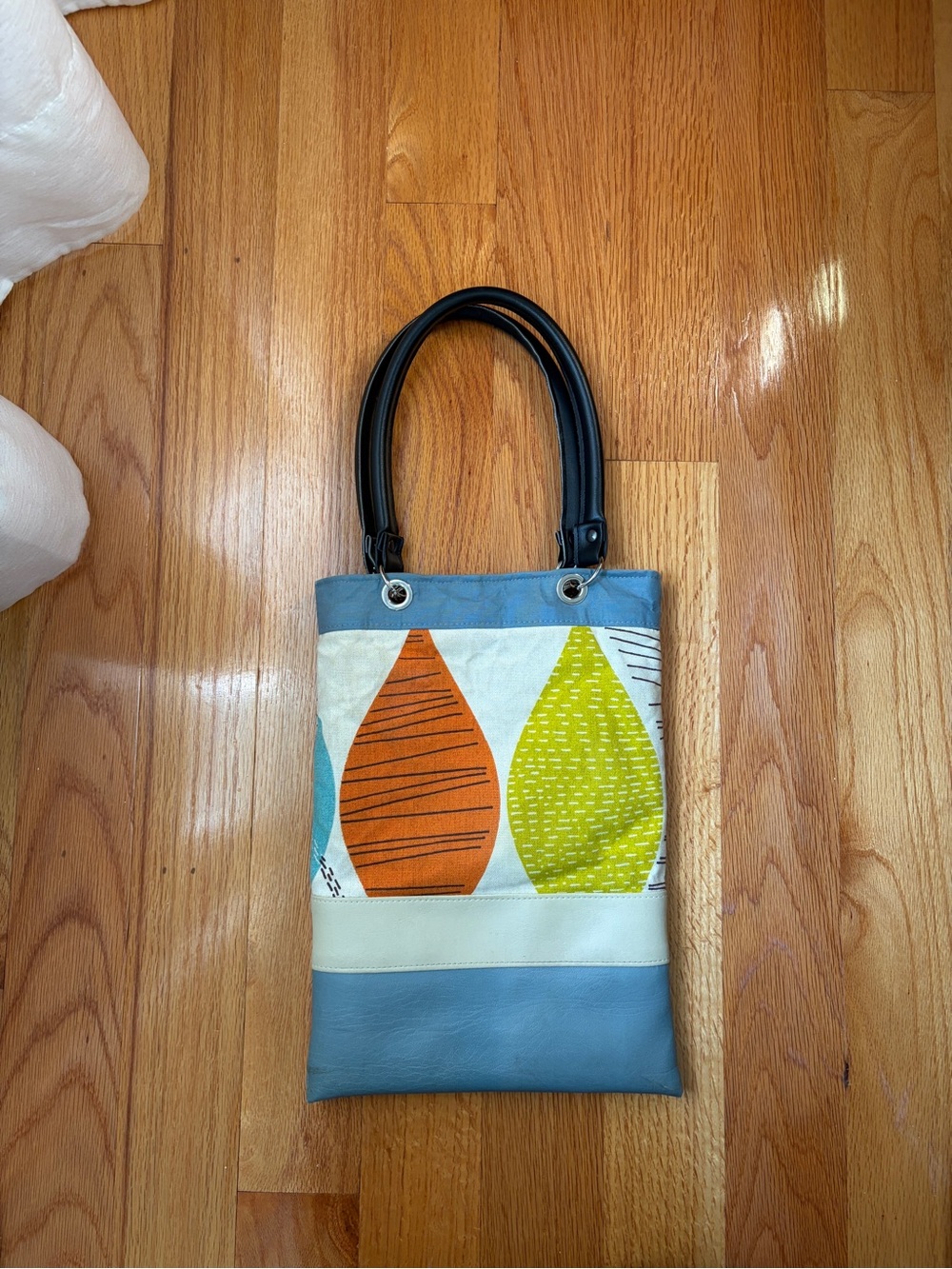 Blue Leather Purse/Bag with Orange & Lime Leaf Print